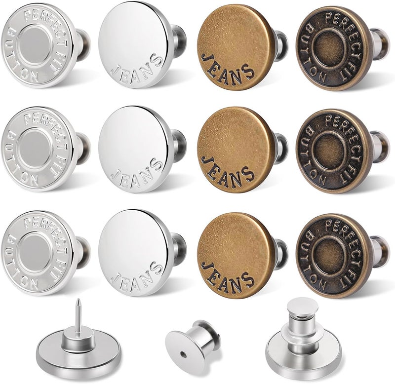 Ceryvop 12 Set Buttons Pin for Loose Jeans, Jeans Button Adjuster for Pants, No-Sew Waist Tightener Pins for Pants, Make Loose Jeans Smaller, Adjustable Pants Button Replacement - Image 1